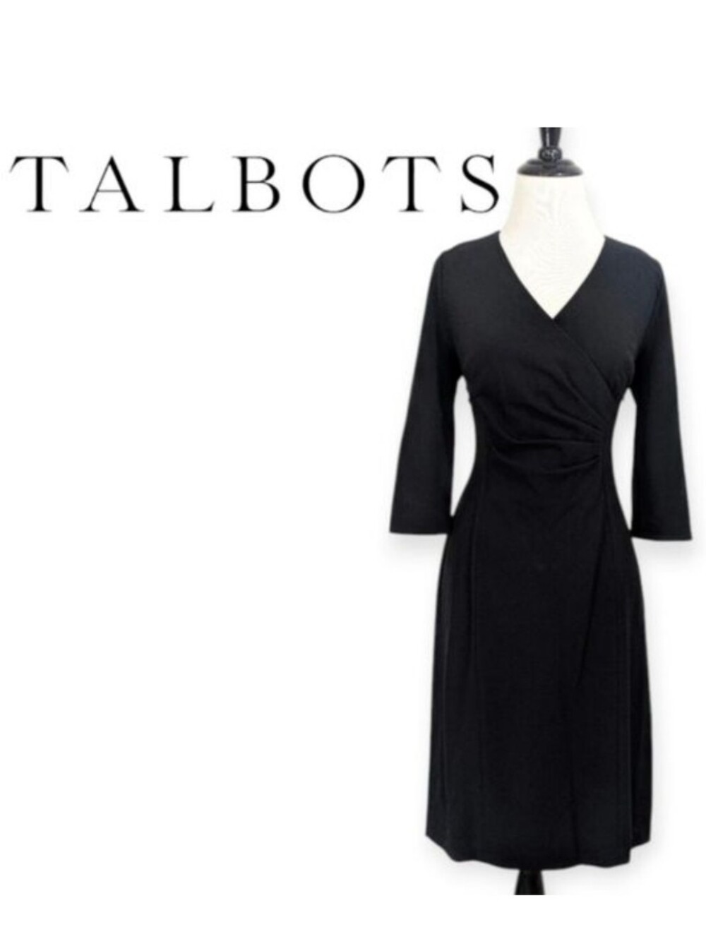 Talbots Solid Black Faux Wrap Midi Dress - Size 4P - 4 Petite Womens